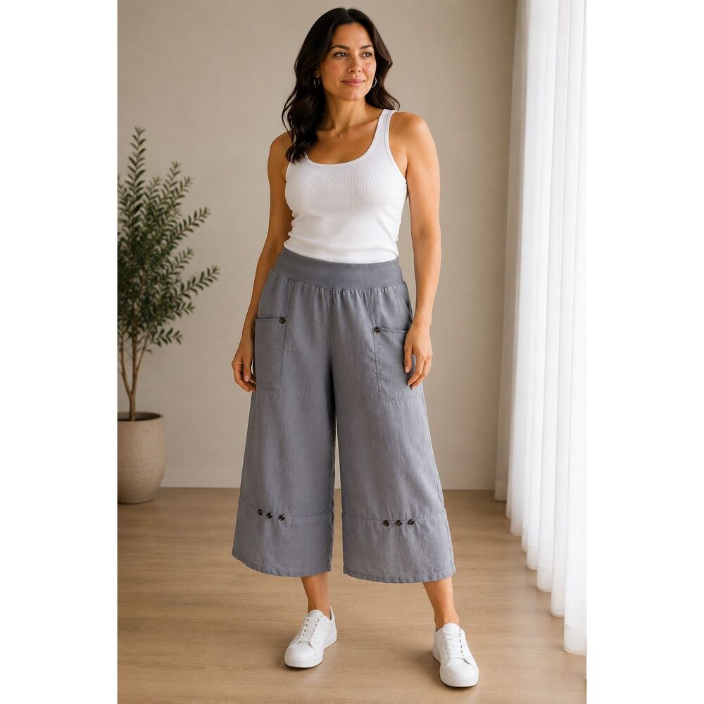 Italian Luxury Boutique Linen Wide Leg Capri Pants Gray XXL/US L Casual Chic